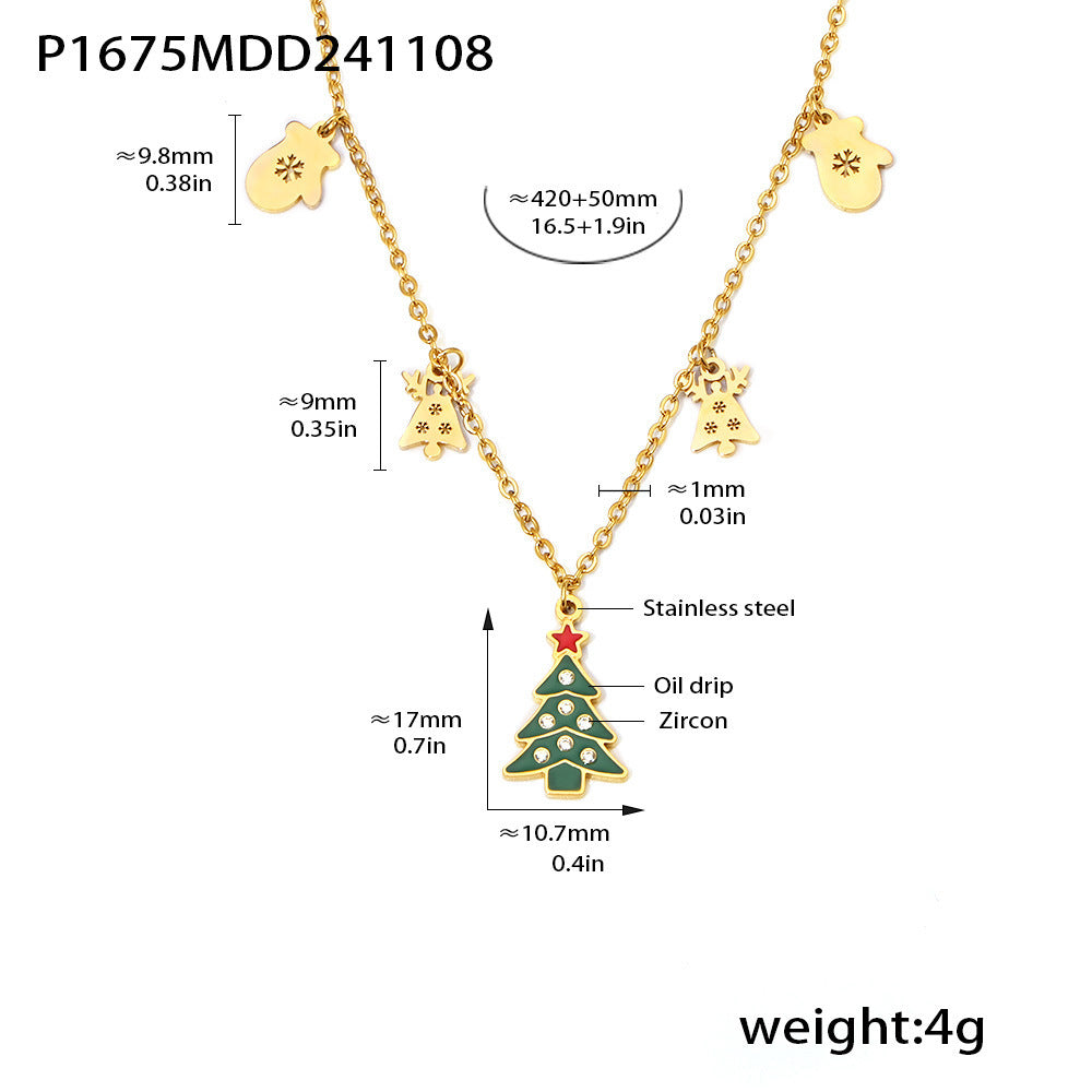 Wholesale Stainless steel 18K real gold plated Christmas enamel zircon necklace